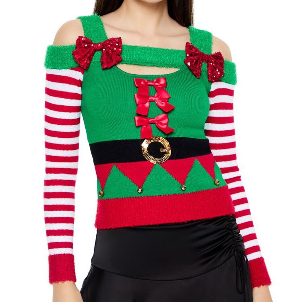 NWT Forever 21 Elf Open-Shoulder Sweater Christmas Holiday Size Small